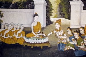 Affresco che raffigura una scena della vita del Buddha nel Wat Phra Doi Suthep, Chiang Mai. Buddha che riceve elemosine. Thailandia da Unbekannt