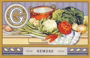 G: Gemuse - Alphabet Palmin. Serie di cromolitografie edite da H. Schlinck & Cie, Amburgo, s.d. Pubblicità per Palmin feinstes Cocosfett. Dimensioni: 7 x 11 cm