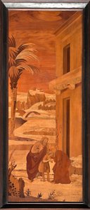 Genova, Duomo (Cattedrale di San Lorenzo), interno, abside, coro, lato nord: "San Giovanni Battista si congeda dalla sua famiglia", intarsio ligneo di Vincenzo e Tommaso Garassino (XIX secolo) da Unbekannter Künstler