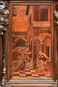Genova, Duomo (Cattedrale di San Lorenzo), interno, presbiterio, abside, coro, lato sud: "Annunciazione", intarsio in legno di Gian Michele De