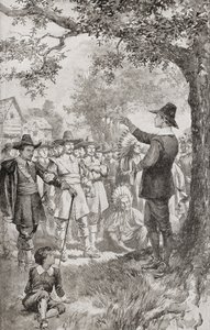 George Fox che predica a una folla nel Maryland, America nel 1671 durante un incontro di quattro giorni dei Quaccheri locali da Unbekannter Künstler