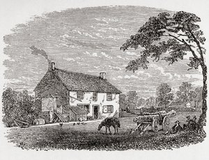 Luogo di nascita di George Stephenson. Un cottage in pietra del 18° secolo, casa di George Stephenson, Wylam, Northumberland, Inghilterra, visto qui nel 19° secolo. Da Great Engineers, pubblicato c.1890 da Unbekannter Künstler