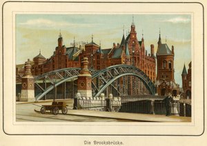 Germania, Amburgo, il "Brooksbruecke" (ponte Brooks) e sullo sfondo i magazzini del porto, chiamati "Speicherstadt", c.1890 da Unbekannter Künstler