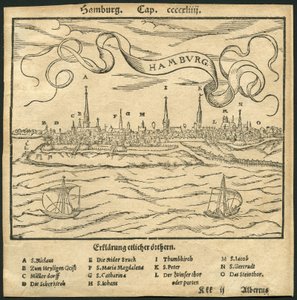 Germania, Amburgo, vista sulla città, in primo piano il fiume Elba, illustrazione dalla Cosmographia di Sebastian Muenster, c.1570 (incisione)