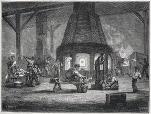 Produzione del vetro nella seconda metà del XIX secolo: bambini al lavoro, c. 1880 (incisione) da Unbekannter Künstler