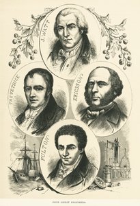 Grandi Ingegneri e Inventori: James Watt, John Ericsson, Robert Fulton, Richard Trevithick, c.1880 da Unbekannt