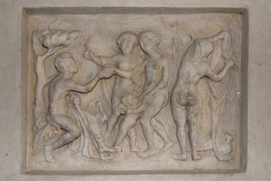 Mitologia greca: il Giudizio di Paride. Il pastore Paride deve scegliere la più bella delle tre dee tra Afrodite (Venere), accompagnata da Cupido, Era (Giunone) e Atena (Minerva). Sceglie Afrodite a cui offre una mela d