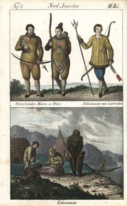 Abitanti della Groenlandia con pelli e un Inuit del Labrador (Canada) con un tridente. Sotto una scena quotidiana della vita familiare Inuit davanti a un igloo, una tenda e una canoa, Nord America. Litografia per il libro: “Galerie complete en tableaux fid