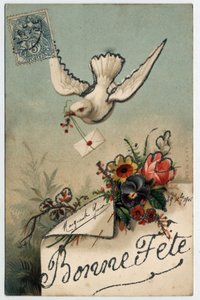 Biglietto di auguri: un uccello porta una lettera sigillata - Cartolina datata 1906 da Unbekannt