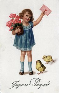 Biglietto di auguri per Pasqua: una bambina porta una lettera sigillata accompagnata da due pulcini - Cartolina fine XIX-XX secolo da Unbekannt