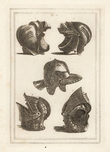 Elmo di John de Courcy, conte di Ulster 1,2, elmo di Oliver Cromwell 3, elmo da torneo 4,5