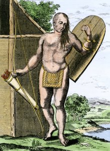 Storia dei popoli indigeni: Un indiano del Canada con uno scudo, un arco e frecce in una faretra da Unbekannter Künstler
