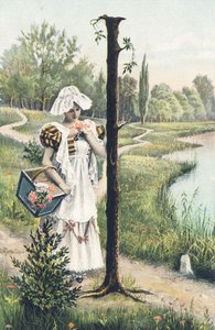 I : Una donna in piedi con un abito, grembiule e copricapo tiene un cesto sul braccio destro. Ambiente campestre - Alfabeto personaggi Rif Th. E., L. Theochrom - Serie 994. Theodor Eisman, editore, Lipsia da Unbekannt