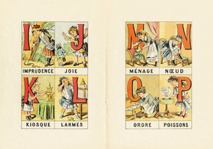 I : imprudenza ; J : gioia ; K : chiosco ; L : lacrime ; M N O P : ménage, nodo, ordine, pesci - Gravura tratta da ABCD delle bambine. Pellerin & Cie, stampatore-editore, Epinal, circa 1890. Serie A da Unbekannt