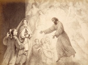 Nella Sfera di Marte, Dante incontra lo spirito del suo antenato Cacciaguida. Illustrazione del Canto XV del Paradiso della Divina Commedia di Dante Alighieri. Opera di Francesco Scaramuzza dedicata al Comune di Firenze.