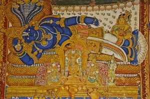 India, Tamil Nadu, Srirangam, Tempio Indù di Sri Ranganathasvami (orig 10° secolo), dipinto murale di Vishnu