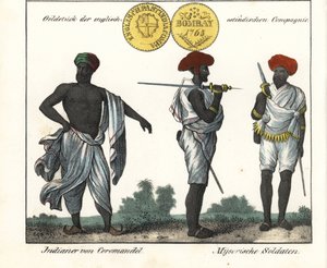 Costumi indiani: un uomo della costa di Coromandel e due soldati di Mysore (o Maissour). Con una moneta d