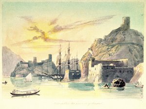 Vista interna del porto di Mascate (Oman), con descrizione degli edifici fortificati e delle navi ormeggiate. Lt-Col. Dipinto di Charles Hamilton Smith da Unbekannter Künstler