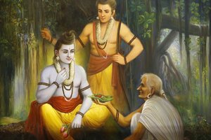 Tempio indù Jalaram Prathna, Leicester. Affresco. Rama incontra Shabari che offre cibo a Ramacandra. Regno Unito