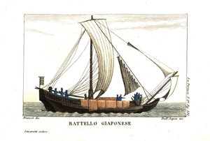 Barca a vela giapponese. Illustrazione di Jean Louis Prevost Da Jean François de Galaup, Conte di La Perouse (1741-1788) Diario. Incisione su rame colorata a mano di Lazaretti da Collezione delle più interessanti V da Unbekannter Künstler