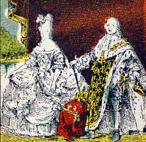 Re Luigi XVI di Francia e la regina Maria Antonietta. Incisione in "Histoire de France". Serie di immagini pubblicitarie pubblicate per conto di Louit, 24 rue d