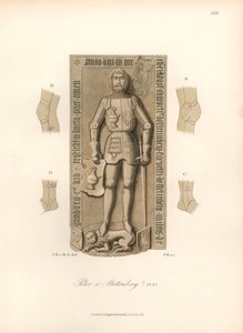 Cavaliere in armatura del XV secolo, con dettagli delle legature su ginocchia e gomiti - Lapide di Peter von Stettenberg, morto nel 1441 - Cromolitografia, disegno di Jakob Heinrich von Hefner-Alteneck per il suo libro “Costumi, mestieri e strumenti da Unbekannter Künstler