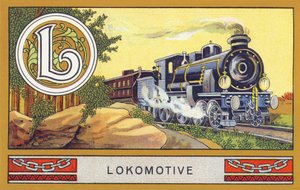 L: Lokomotive - Alphabet Palmin. Serie di cromolitografie edite da H. Schlinck & Cie, Amburgo, s.d. Pubblicità per Palmin feinstes Cocosfett. Dimensioni: 7 x 11 cm