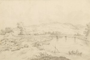 Paesaggio sul fiume, con ponti e barche da Unbekannter Künstler