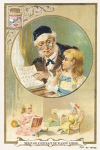 Lettura con il nonno. Cromolitografia pubblicitaria che rappresenta in una cornice circolare una persona anziana, una bambina al suo fianco. In basso nell