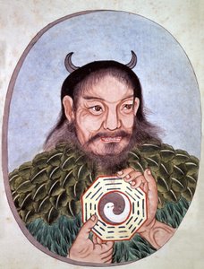 Leggendario imperatore cinese Fu Hi, uno dei fondatori del Taoismo (2582 a.C.), porta il medaglione con Yin e Yang, incisione cinese, fine XVIII secolo da Unbekannter Künstler