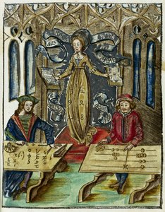 Gli strumenti matematici nel XVI secolo: competizione di rapidità di calcolo tra Pitagora (580-500 a.C.) e Boezio (480-524), Pitagora usa il suo abaco e Boezio usa algoritmi
