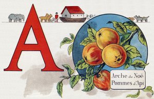 Lettera A: Arca di Noè, Mela. Incisione in "ABC L