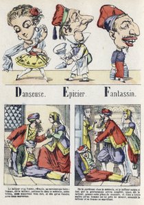 Lettere D, E e F: ballerino, droghiere e fanteria. Alfabeto del Racconto Orientale. Immagini di Epinal, circa 1890. Serie popolare. Piccolo opuscolo di 8 pagine. da Unbekannt