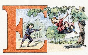 Lettera E: altalena. Alfabeto di Phosphatine Falières. Incisione. Brevettato alfabeto S.G.D.G. dal farmacista Pierre Emile Falières. Illustrazioni in cromolitografia, fine XIX secolo. 16 pagine. Dim: 103x154mm da Unbekannt