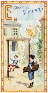 Lettera E: scuola, bambini, altalena, distintivo, insegna, ingresso, scala, scolaro. Incisione dell