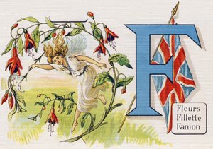 Lettera F: Fiori, Ragazza, Stendardo. Incisione in "ABC L