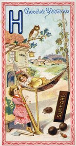 Lettera H: hotel, gufo, amaca, arpa, ascia, riccio, luppolo, manubri, chabbing, amleto. Incisione dell