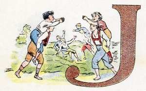 Lettera J: Gioco. Alfabeto di Phosphatine Falieres. Incisione. Alfabeto brevettato S.G.D.G. dal farmacista Pierre Emile Falieres. Illustrazioni in cromolitografia, fine XIX secolo. 16 pagine. Dim: 103x154mm