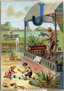 Lettera J: giardino; gioco; giocattoli; fantino; giardiniere; binocolo; getto; giornale. Alfabeto. In ogni immagine, ci sono un certo numero di parole illustri le cui rappresentazioni sono messe in scena. Cromolitografie della Litografia Parigina, circa 18 da Unbekannt