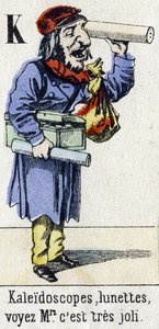 Lettera K: "Kaleidoscopi, occhiali, vedi Signora, è molto bello." Alfabeto "Divertimenti per bambini". Imagerie d