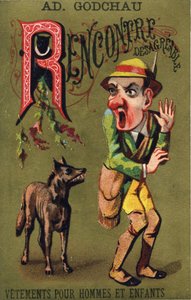 Lettera R: Incontro sgradevole. Incisione in "Alphabet des grotesques". Serie di 25 cromolitografie pubblicitarie su sfondo dorato, fine XIX secolo. da Unbekannt
