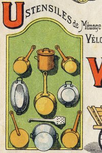 Lettera U. Cocote, stufa, scoiattolo, casseruola... Incisione in "ABC Toys". Immagini di Epinal in cromolitografia, circa 1890. Piccolo opuscolo di 8 pagine.