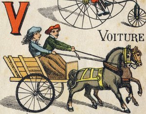 Lettera V per auto. Incisione in "ABC Toys". Immagini di Epinal in cromolitografia, circa 1890. Piccolo opuscolo di 8 pagine. da Unbekannt
