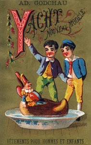 Lettera Y: Yacht nuovo modello. Incisione in "Alphabet des grotesques". Serie di 25 cromolitografie pubblicitarie su sfondo dorato, fine XIX secolo da Unbekannt
