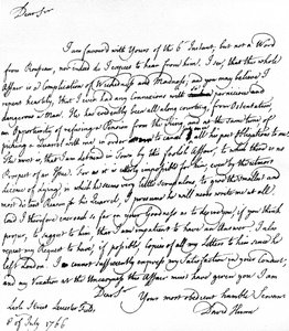 Lettera scritta da David Hume a Richard Davenport riferendosi alle grandi difficoltà della sua relazione con Jean-Jacques Rousseau, il rifiuto di Rousseau di accettare una pensione e le sue liti con Hume, 8 luglio da Unbekannt