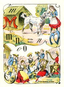 Lettere M N e O come Medor, Niche e Orchestra Svizzera. Incisione in "Fun Alphabet". Immagine di Pont-a-Mousson. Stampa e pubblicazione Louis Vagne, fine del XIX secolo da Unbekannt