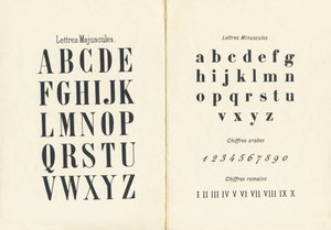 Lettere maiuscole, minuscole, cifre arabe e romane - Gravura tratta da ABCD delle bambine. Pellerin & Cie, stampatore-editore, Epinal, circa 1890. Serie A da Unbekannt