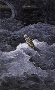 Letteratura: Barca in mezzo al mare. Illustrazione del romanzo di Samuel Taylor Coleridge (1772-1834) "La ballata del vecchio marinaio". Incisione a colori dopo un