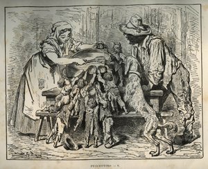 Pollicino e i suoi fratelli affamati. Incisione di Gustave Dore (1832-1883) da 