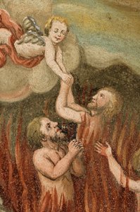 Luson nella Val di Luson sotto il Plose vicino a Bressanone, Alto Adige, Italia. Chiesa di San Giorgio, salvezza del purgatorio